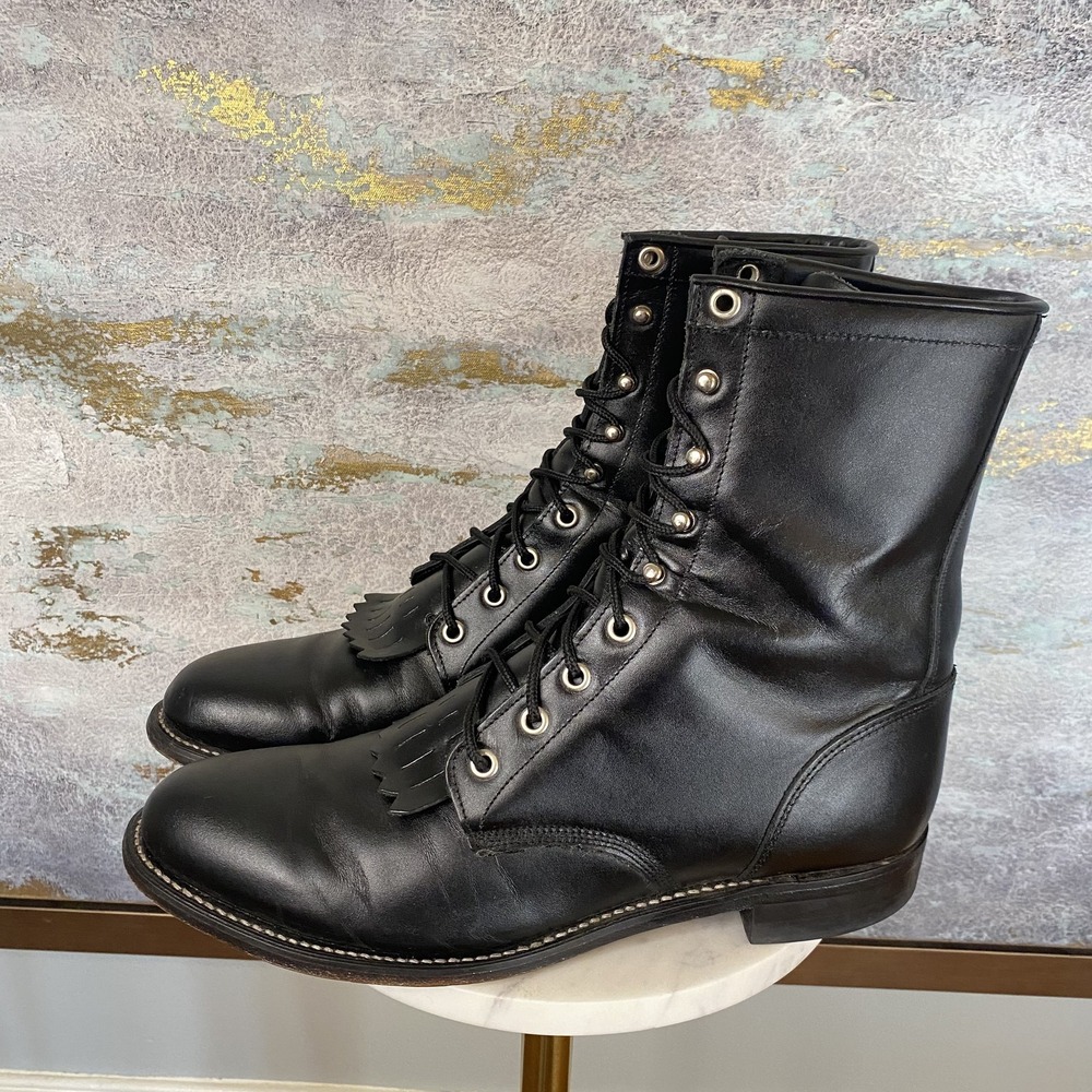 Justin 506 Boots Mens Size 10D Black Leather Lace Up Western Fringe Mid Calf